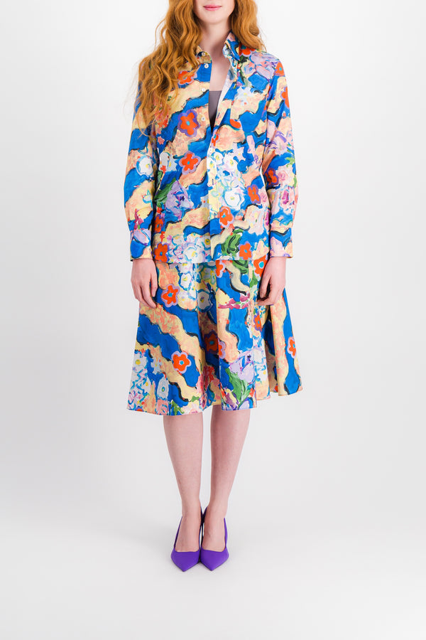 Multi color printed pleated A-line midi skirt