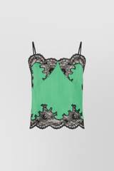 Cami top in bright green satin with lace details