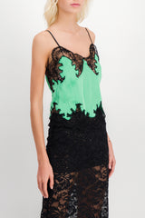 Cami top in bright green satin with lace details