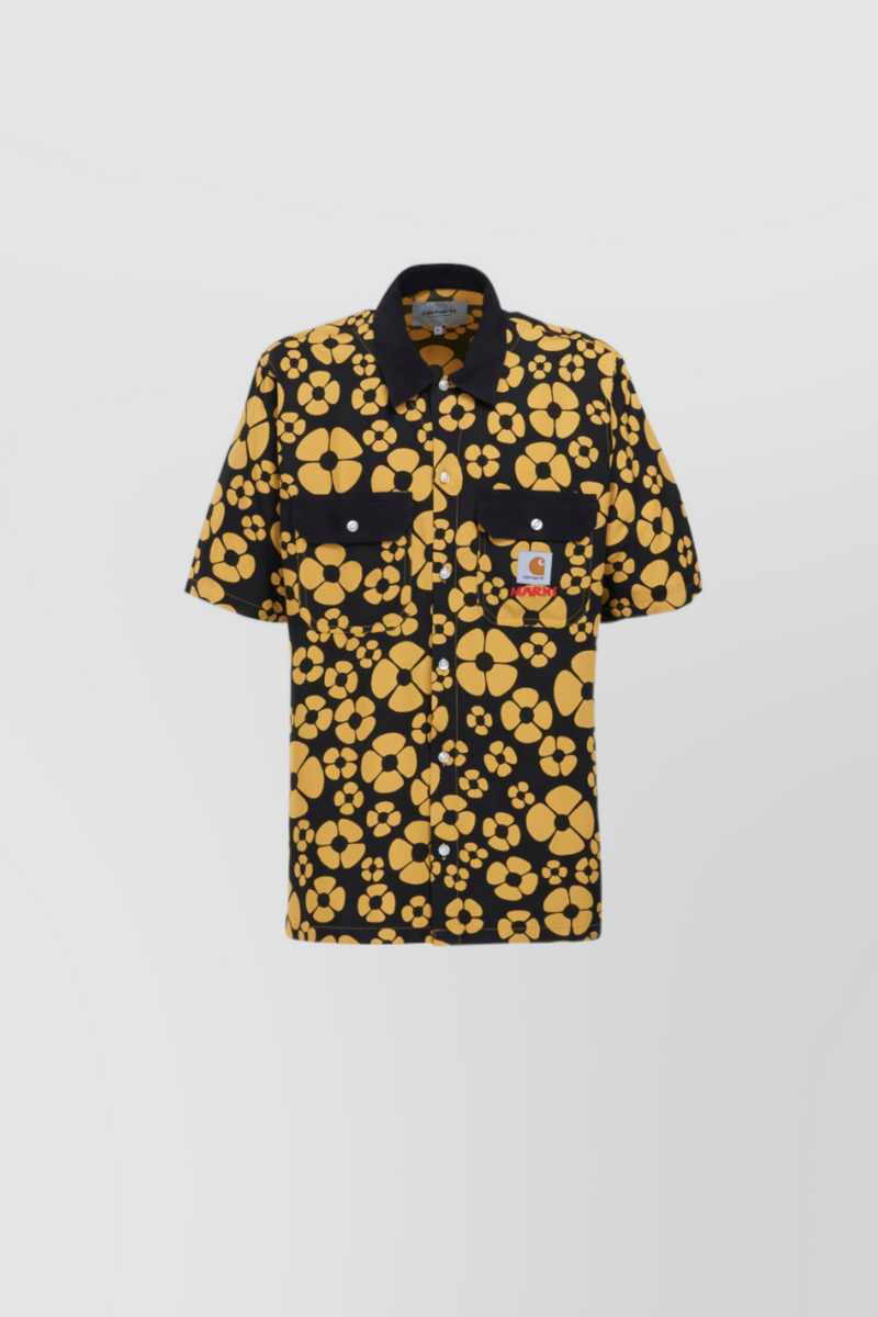 Marni - Flower printed yellow-black short sleeved boyfriend shirt