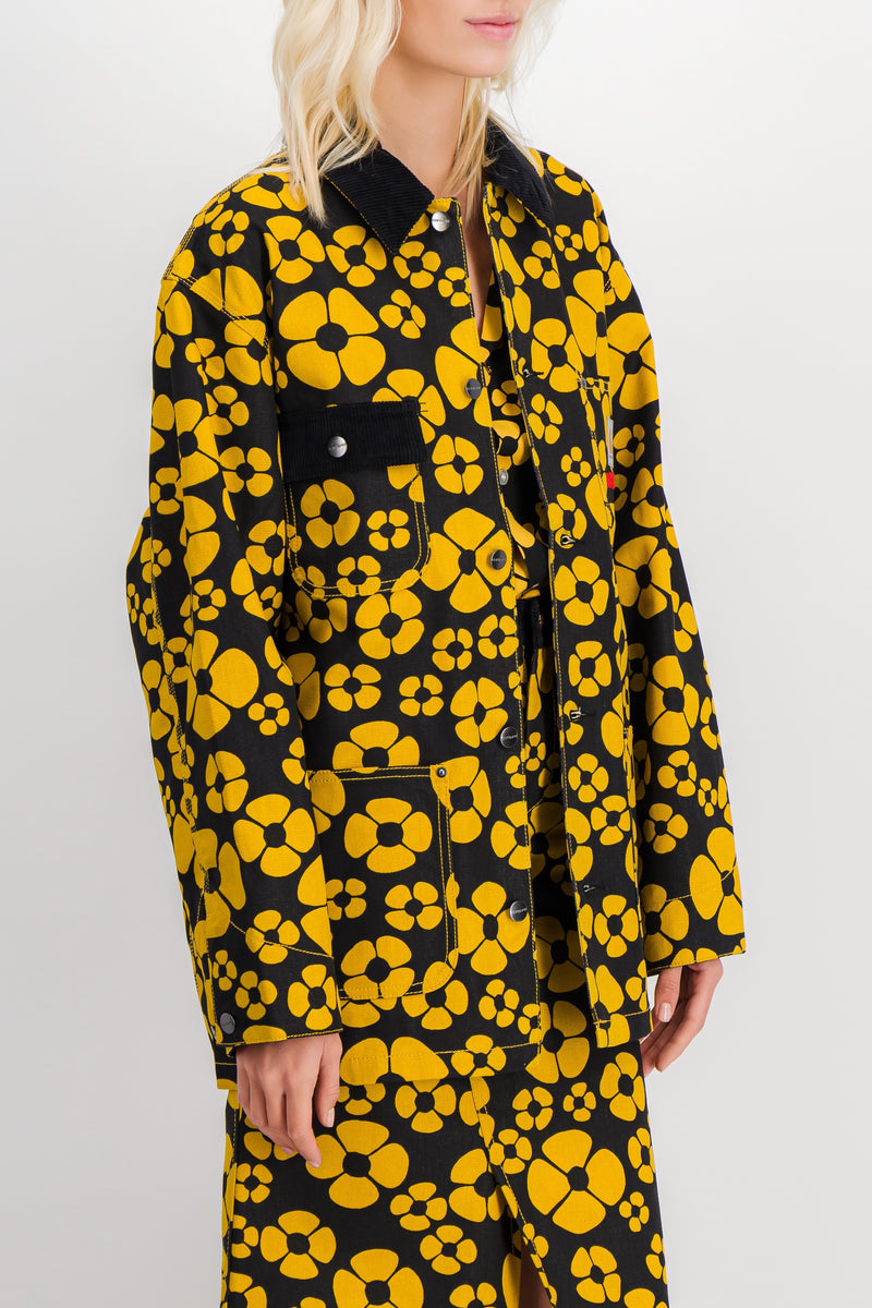 Marni - Yellow-black flower printed boyfriend shirt with front pocket